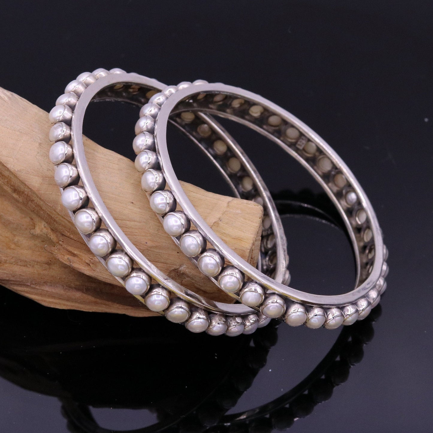 925 sterling silver handmade bangle bracelet kada, gorgeous natural pearl, amazing custom made excellent tribal bridal oxidized jewelry ba45 - TRIBAL ORNAMENTS