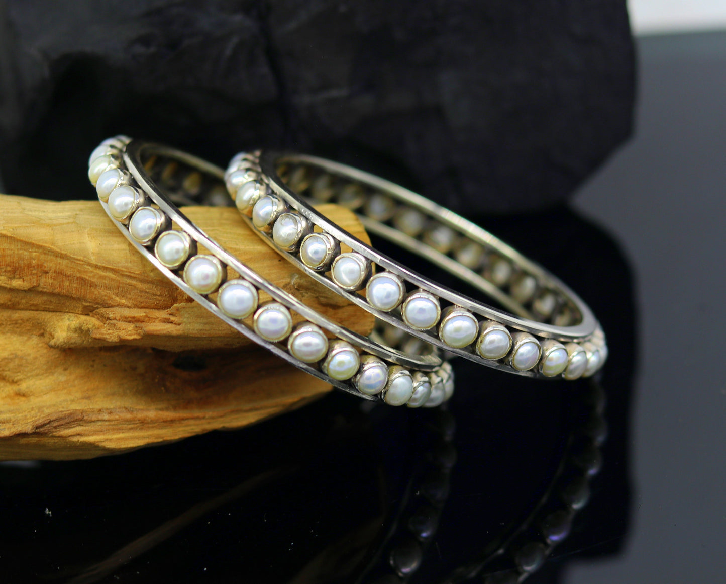 Sterling silver bangle with natural pearl stone, stylish tribal jewelry by TRIBAL ORNAMENTS, handcrafted and customized for women