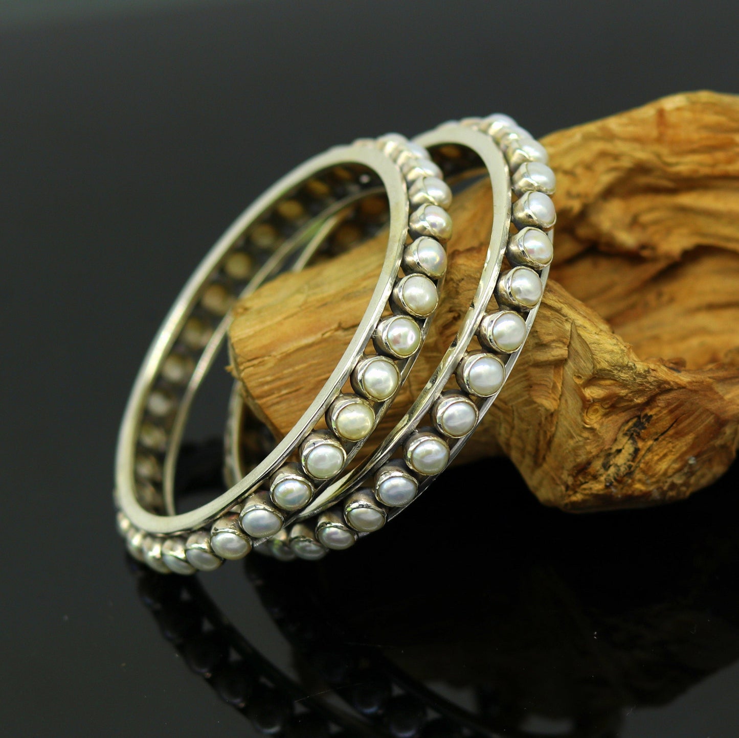 925 sterling silver bangle with a natural pearl stone, stylish tribal jewelry design, handcrafted by Tribal Ornaments.