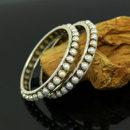 925 sterling silver bangle with a natural pearl stone, stylish tribal jewelry design, handcrafted by Tribal Ornaments.