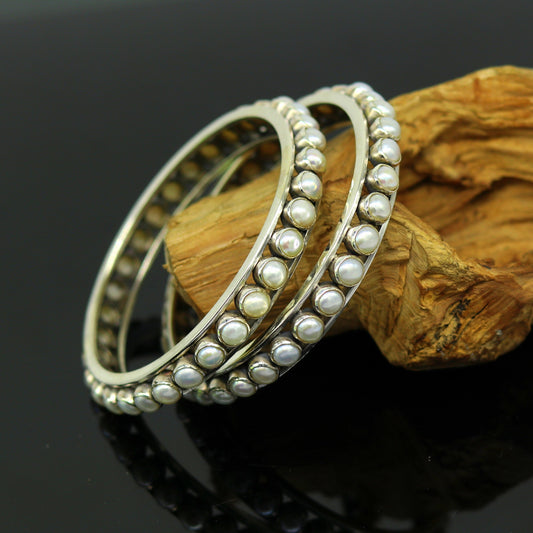 925 sterling silver bangle with a natural pearl stone, stylish tribal jewelry design, handcrafted by Tribal Ornaments.