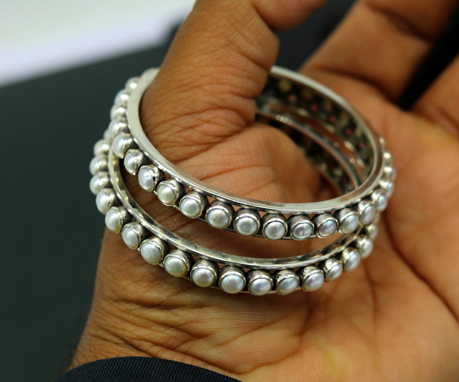 925 sterling silver bangle with a natural pearl stone, stylish tribal jewelry designed for women by TRIBAL ORNAMENTS