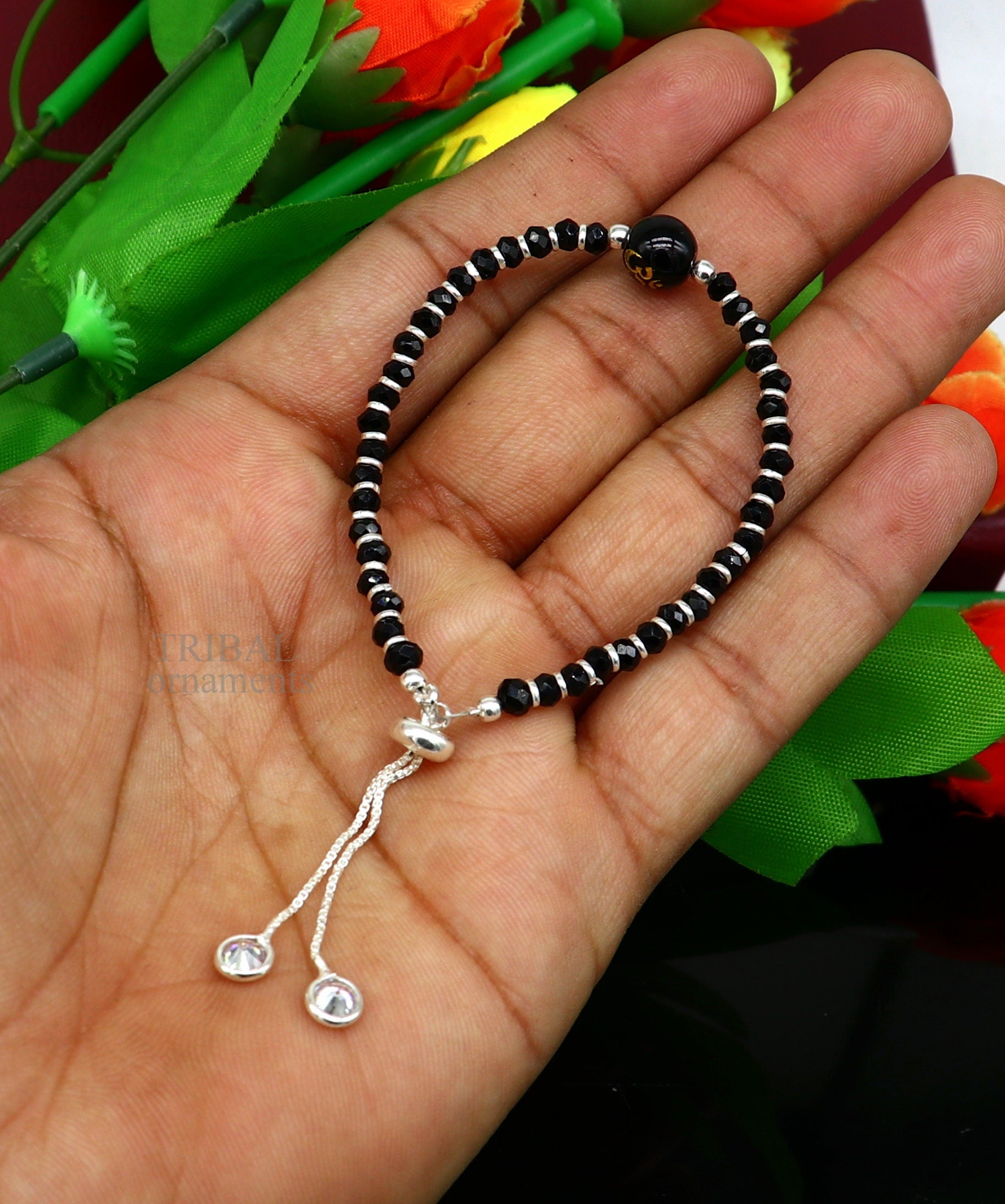 925 sterling silver handmade beaded bracelet, best girl's jewelry excellent adjustable girl's Aum beads bracelet from india bbr26 - TRIBAL ORNAMENTS