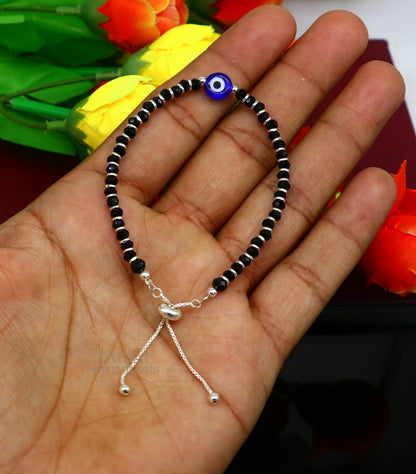 Handmade 925 sterling silver evil eye beaded bracelet for girls, adjustable toddler jewelry from Tribal Ornaments.