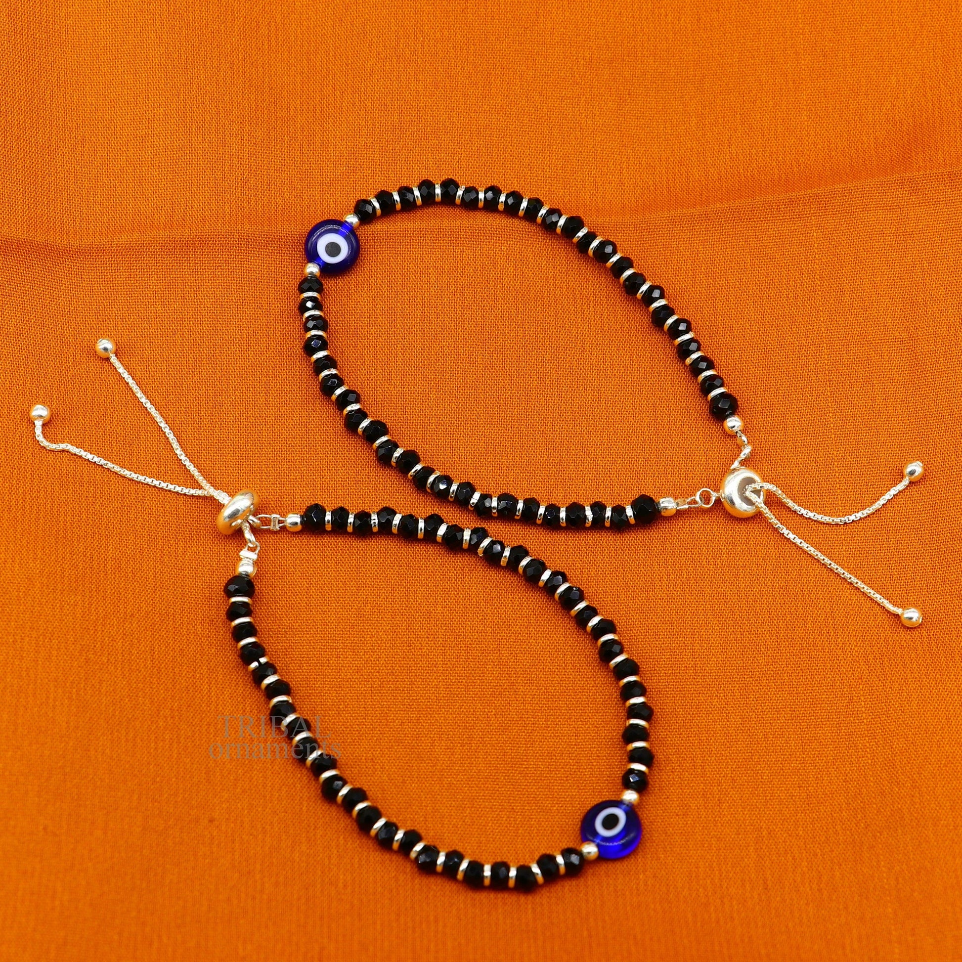 925 sterling silver handmade beaded bracelet, best girl's , toddlers, excellent adjustable girl's evil eye bracelet from india bbr36 - TRIBAL ORNAMENTS