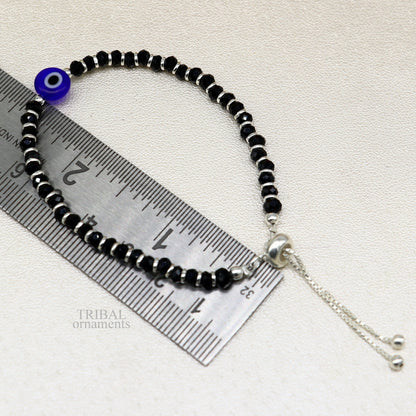 Handmade 925 sterling silver evil eye beaded bracelet for girls, adjustable jewelry with colorful beads from TRIBAL ORNAMENTS.