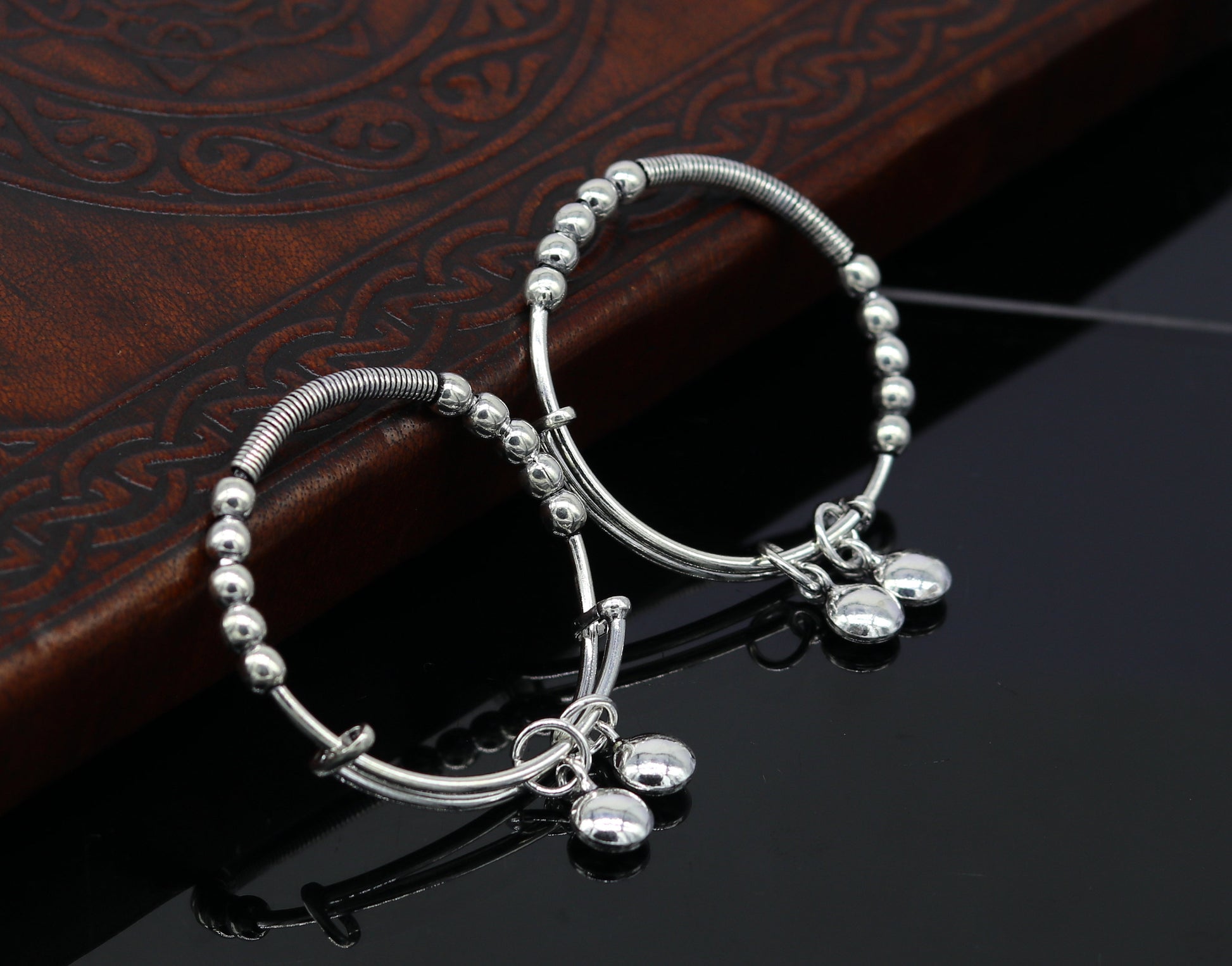 925 sterling silver handmade beaded design adjustable baby bangle bracelet, hangings charm bangles unisex personalized kids jewelry bbk75 - TRIBAL ORNAMENTS