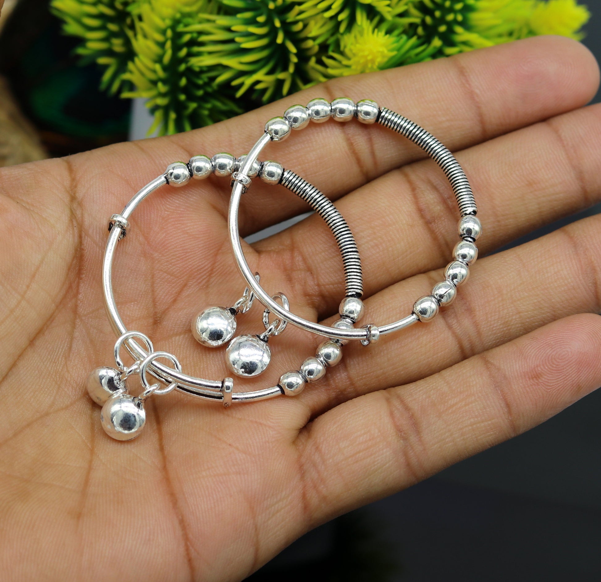 925 sterling silver handmade beaded design adjustable baby bangle bracelet, hangings charm bangles unisex personalized kids jewelry bbk75 - TRIBAL ORNAMENTS