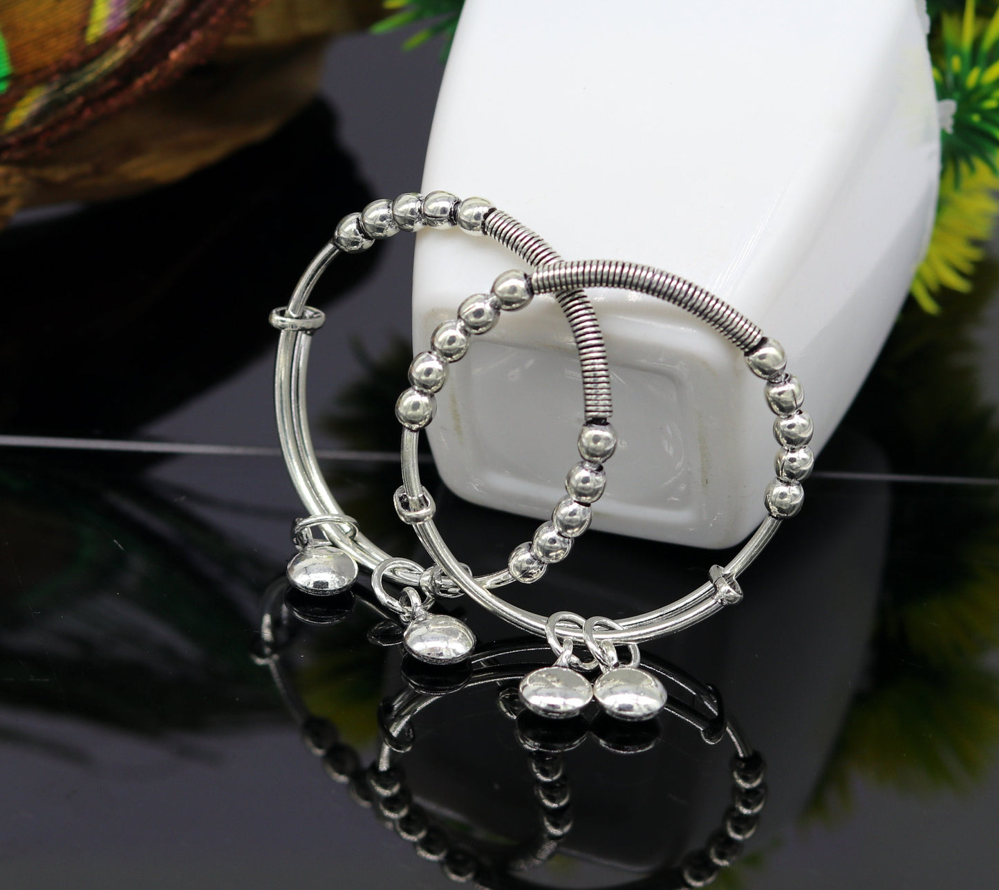 925 sterling silver handmade beaded design adjustable baby bangle bracelet, hangings charm bangles unisex personalized kids jewelry bbk75 - TRIBAL ORNAMENTS