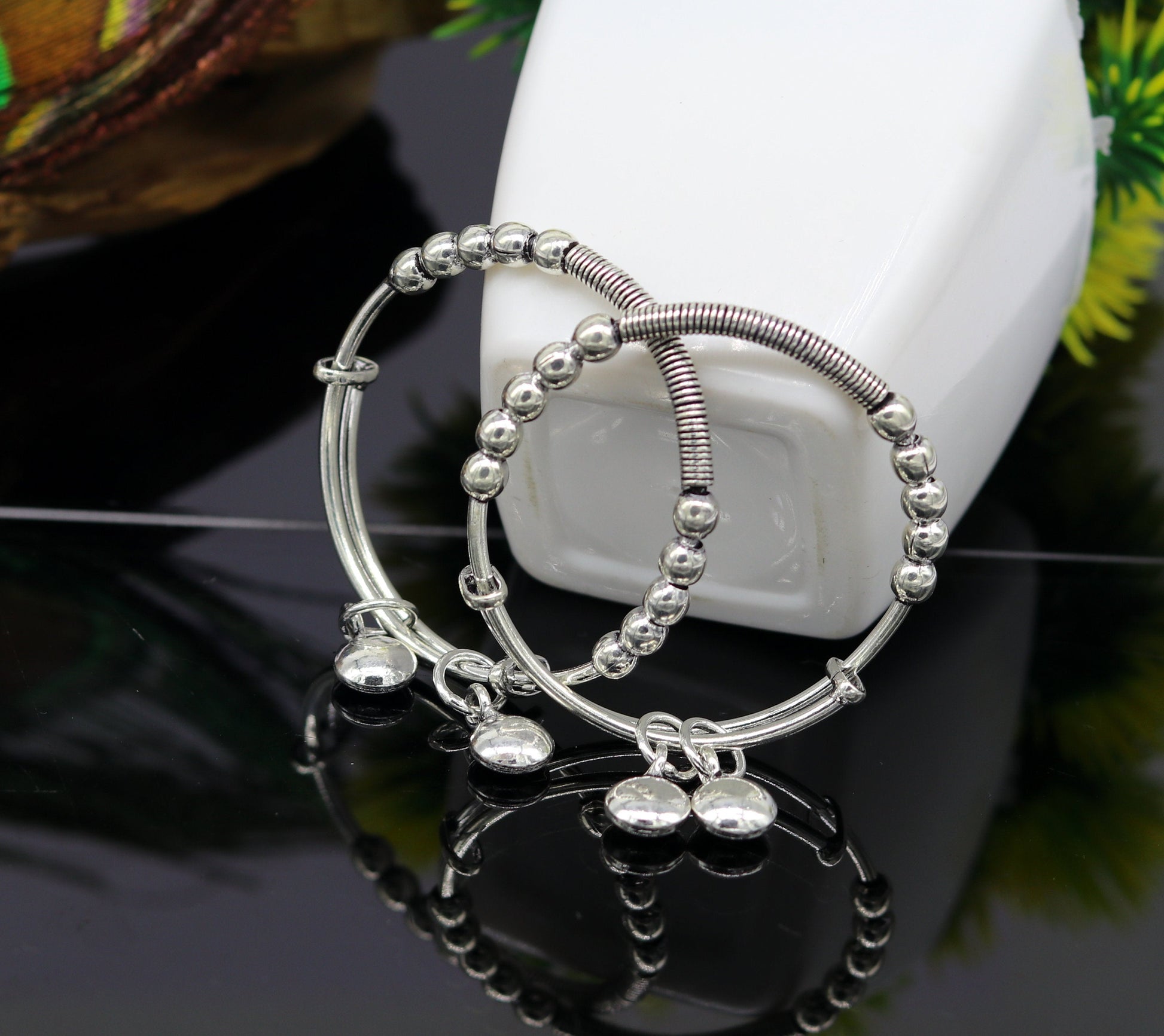 925 sterling silver handmade beaded design adjustable baby bangle bracelet, hangings charm bangles unisex personalized kids jewelry bbk75 - TRIBAL ORNAMENTS