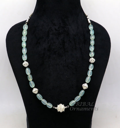 925 sterling silver aqua quartz beaded necklace with silver beads, handmade tribal jewelry for parties by TRIBAL ORNAMENTS