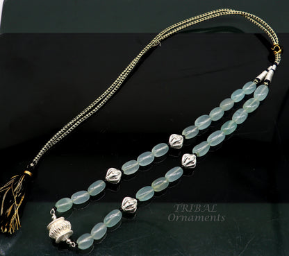 Sterling silver necklace with aqua quartz beads and silver accents, handmade tribal jewelry set for parties.