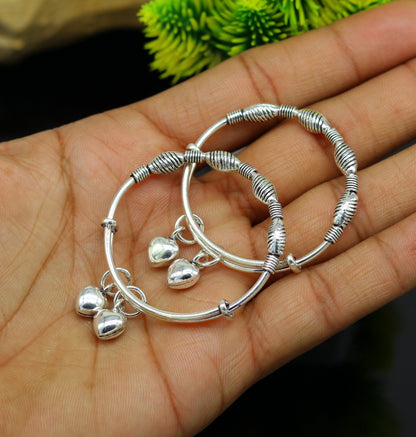 Sterling silver vintage beaded baby bangle with adjustable charm, handmade tribal jewelry for newborns and kids.