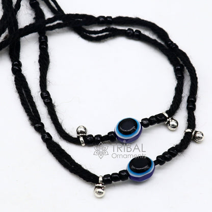 925 sterling silver handmade ankle bracelet with evil eye beads, featuring a customized thread foot design for tribal-inspired style.