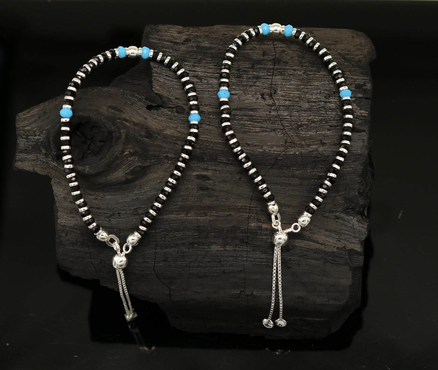 925 sterling silver handmade black and blue stone silver beads bracelet , pretty charm bracelet, customized beaded jewelry for girls sbr174 - TRIBAL ORNAMENTS