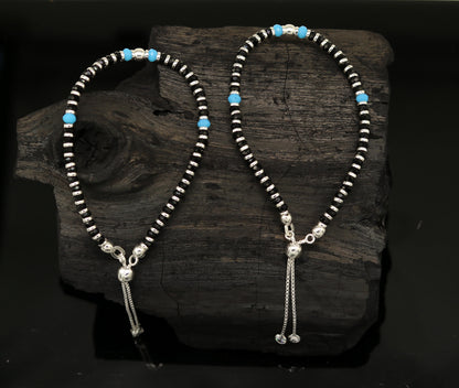 925 sterling silver handmade black and blue stone silver beads bracelet , pretty charm bracelet, customized beaded jewelry for girls sbr174 - TRIBAL ORNAMENTS