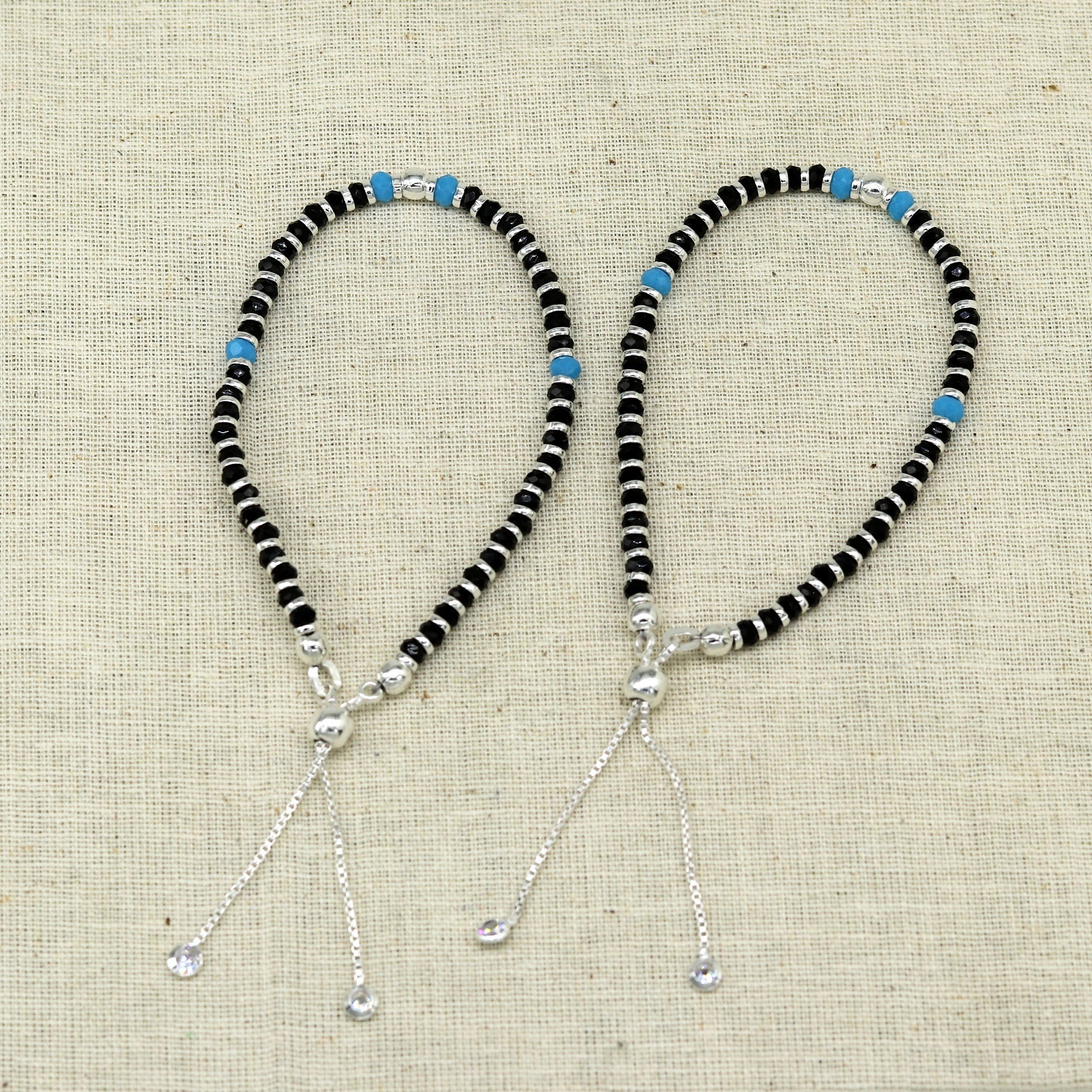 925 sterling silver handmade black and blue stone silver beads bracelet , pretty charm bracelet, customized beaded jewelry for girls sbr174 - TRIBAL ORNAMENTS