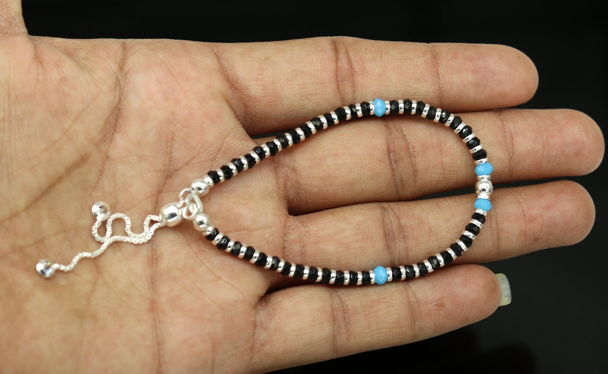 925 sterling silver handmade black and blue stone silver beads bracelet , pretty charm bracelet, customized beaded jewelry for girls sbr174 - TRIBAL ORNAMENTS