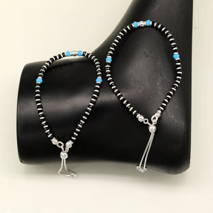 925 sterling silver handmade black and blue stone silver beads bracelet , pretty charm bracelet, customized beaded jewelry for girls sbr174 - TRIBAL ORNAMENTS