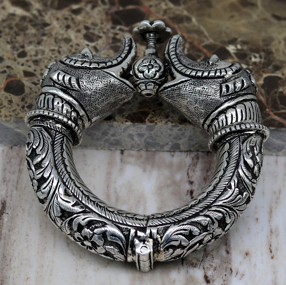 925 sterling silver handmade chitai work elephant face fabulous customized work vintage bangle bracelet kada, bridesmaid gifting nssk261 - TRIBAL ORNAMENTS