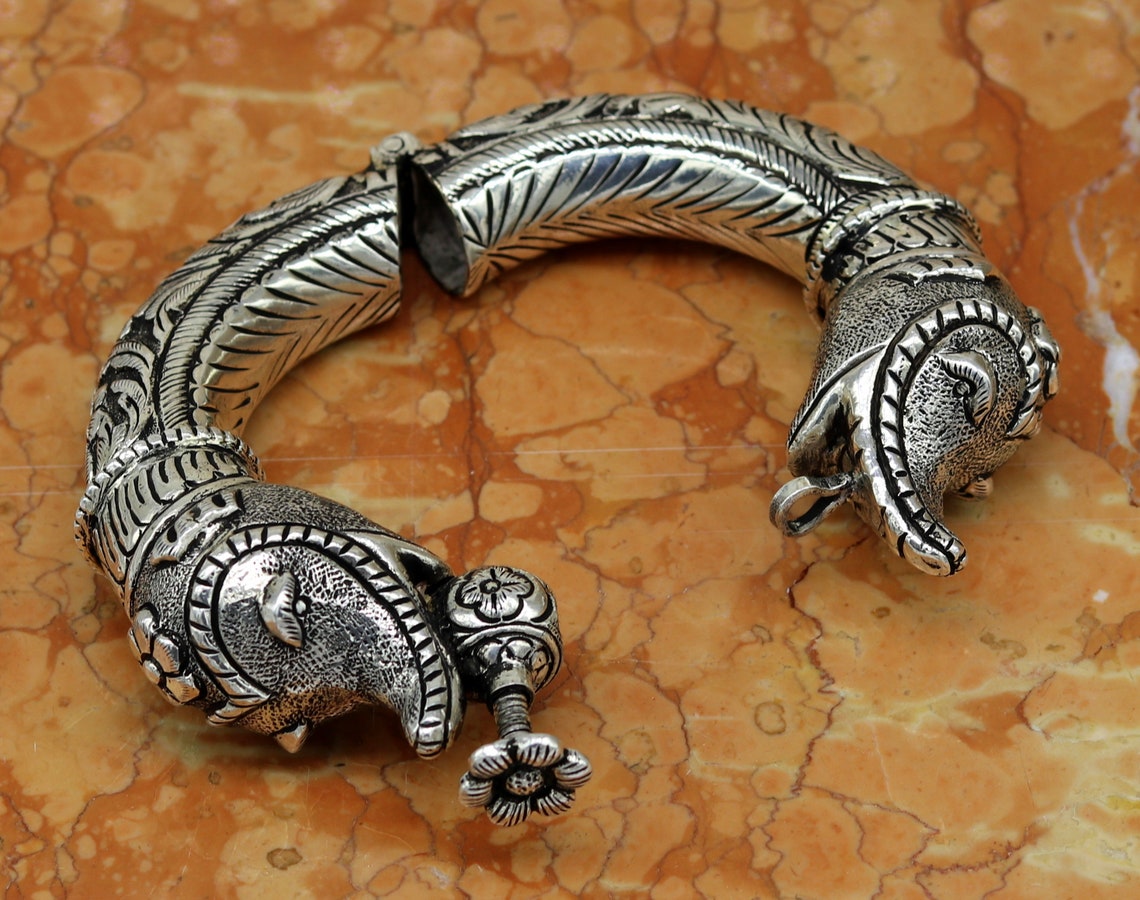 925 sterling silver handmade chitai work elephant face fabulous customized work vintage bangle bracelet kada, bridesmaid gifting nssk261 - TRIBAL ORNAMENTS