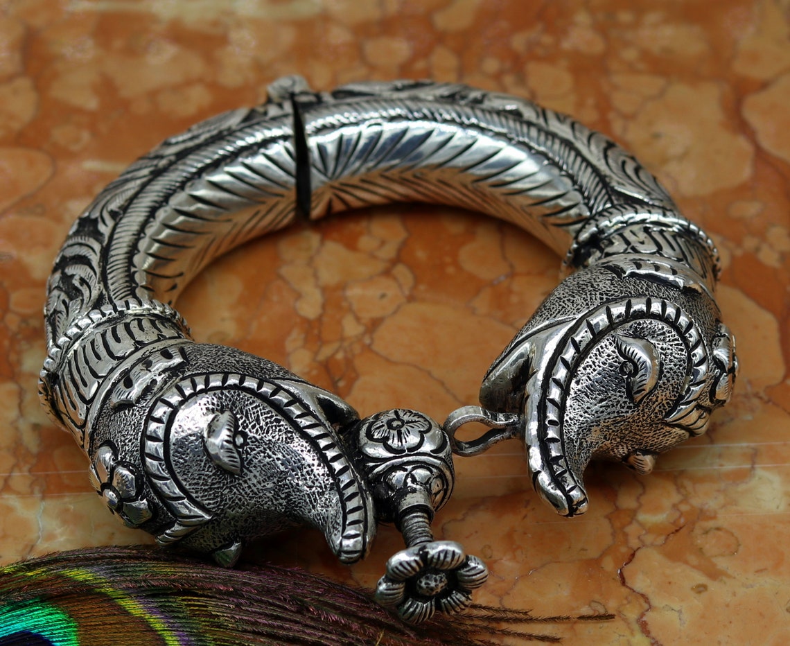 925 sterling silver handmade chitai work elephant face fabulous customized work vintage bangle bracelet kada, bridesmaid gifting nssk261 - TRIBAL ORNAMENTS