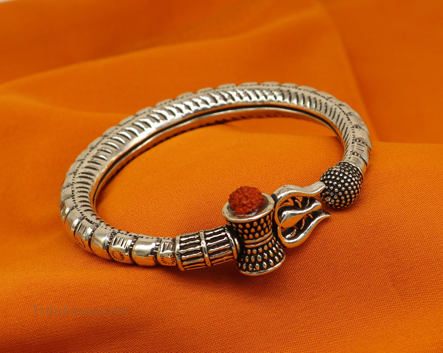 925 Sterling silver handmade chitai work idol Shiva trident trishul kada bangle bracelet, Rudraksha customized bahubali bangle nssk464 - TRIBAL ORNAMENTS