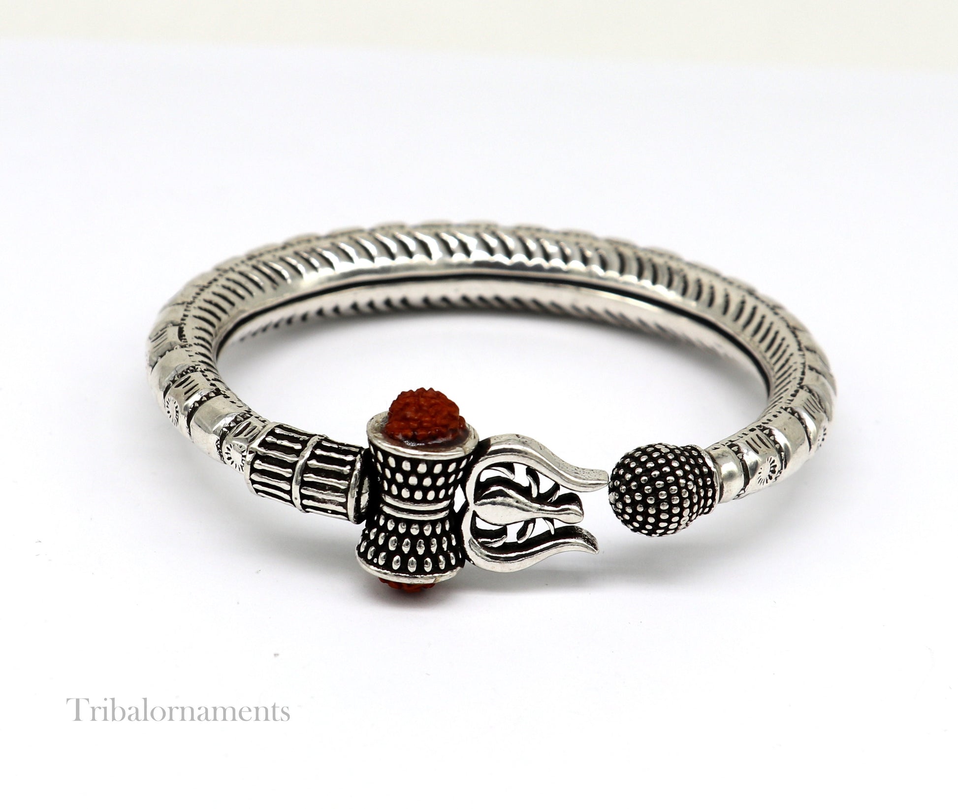 925 Sterling silver handmade chitai work idol Shiva trident trishul kada bangle bracelet, Rudraksha customized bahubali bangle nssk464 - TRIBAL ORNAMENTS