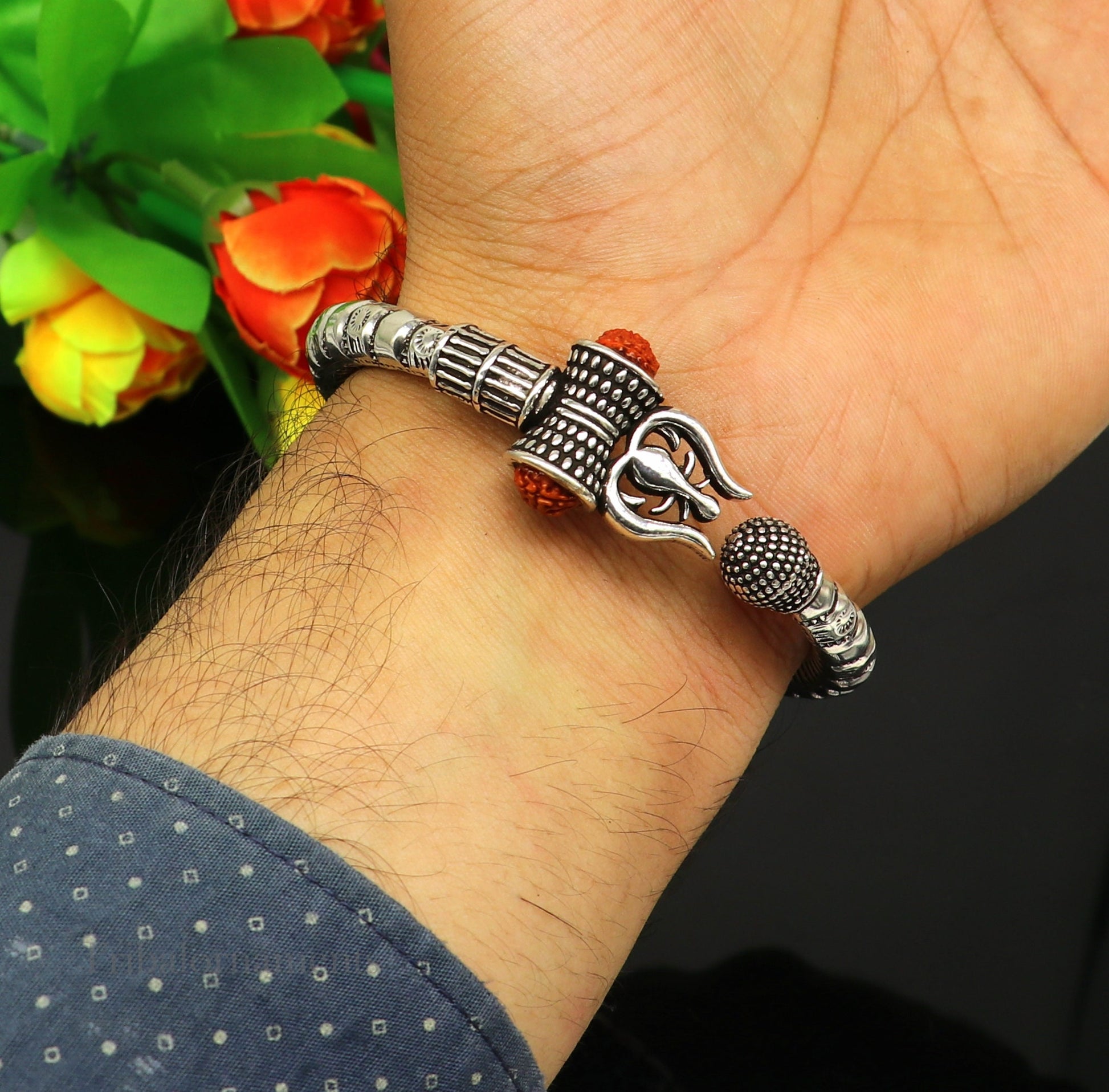 925 Sterling silver handmade chitai work idol Shiva trident trishul kada bangle bracelet, Rudraksha customized bahubali bangle nssk464 - TRIBAL ORNAMENTS
