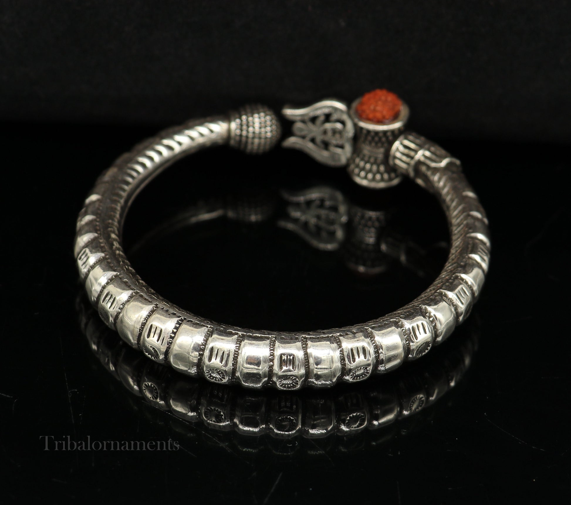 925 Sterling silver handmade chitai work idol Shiva trident trishul kada bangle bracelet, Rudraksha customized bahubali bangle nssk464 - TRIBAL ORNAMENTS