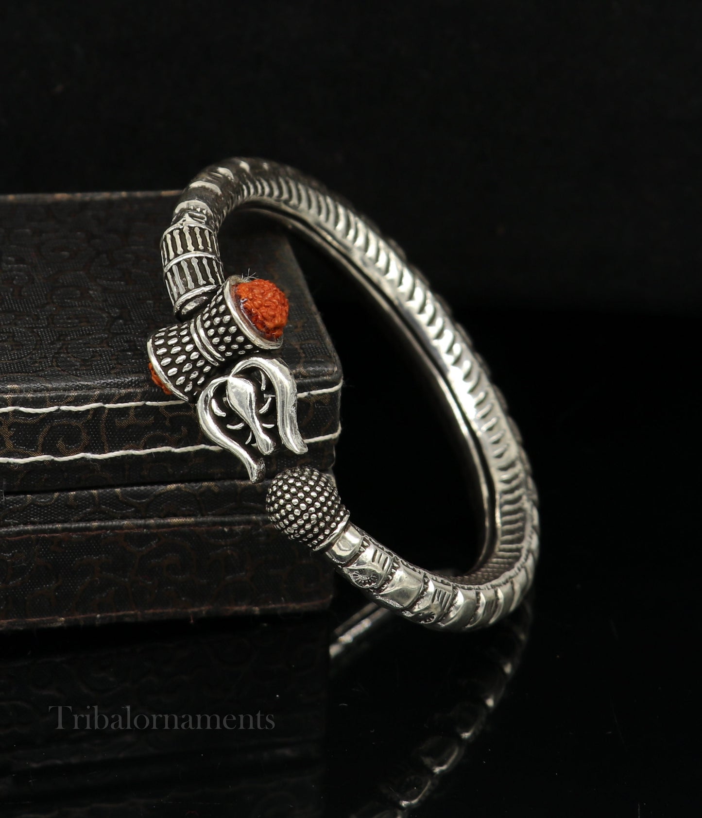 925 Sterling silver handmade chitai work idol Shiva trident trishul kada bangle bracelet, Rudraksha customized bahubali bangle nssk464 - TRIBAL ORNAMENTS