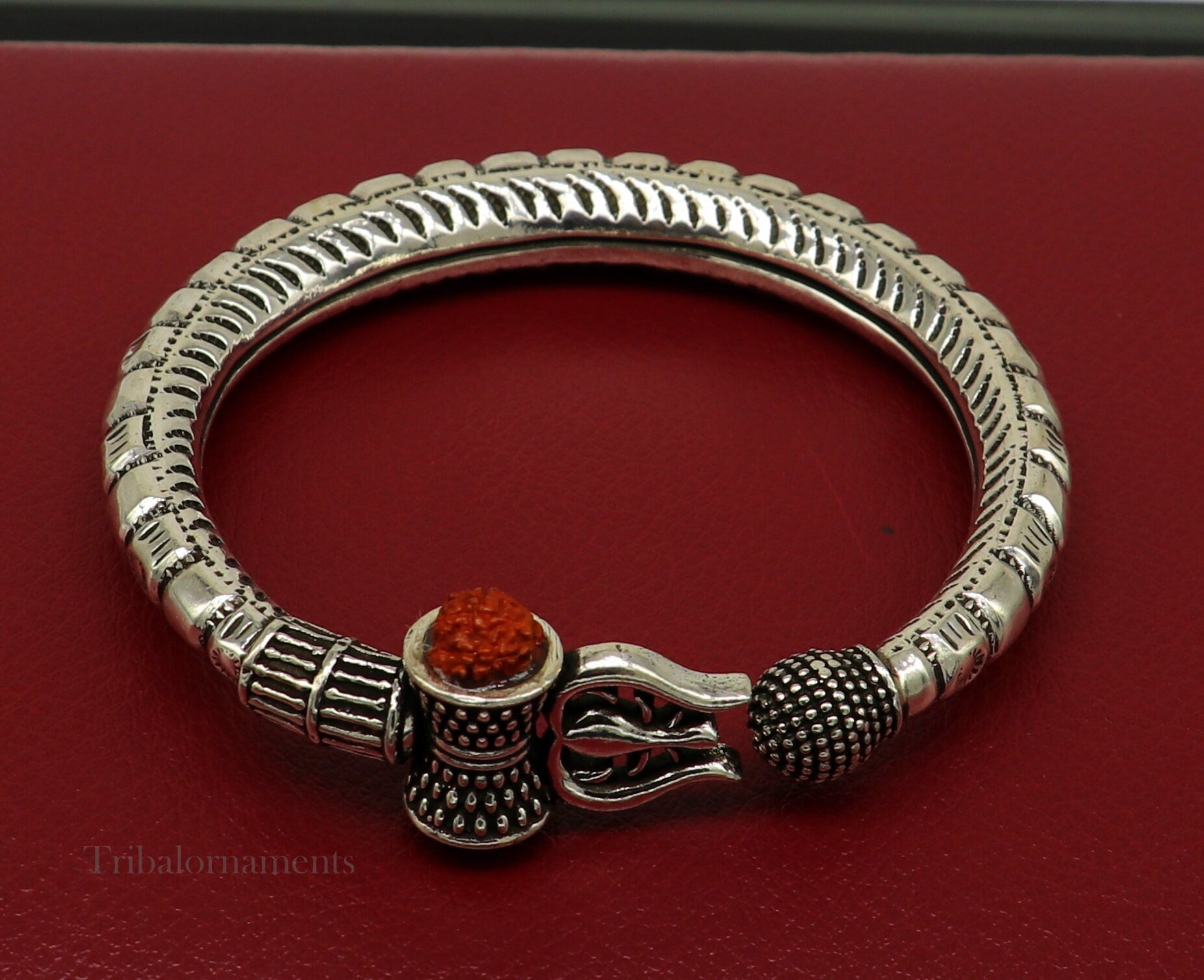 925 Sterling silver handmade chitai work idol Shiva trident trishul kada bangle bracelet, Rudraksha customized bahubali bangle nssk464 - TRIBAL ORNAMENTS