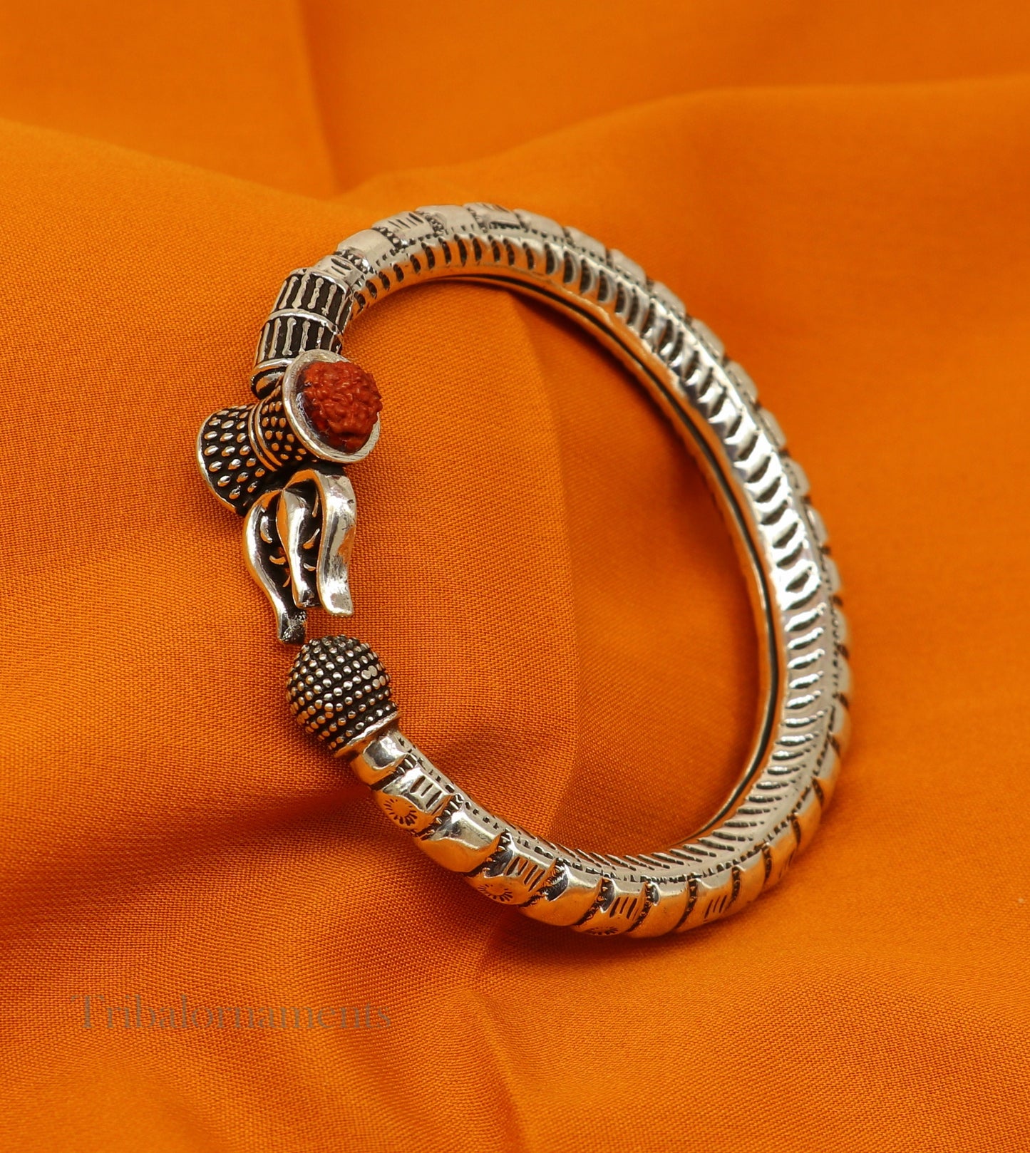 925 Sterling silver handmade chitai work idol Shiva trident trishul kada bangle bracelet, Rudraksha customized bahubali bangle nssk464 - TRIBAL ORNAMENTS