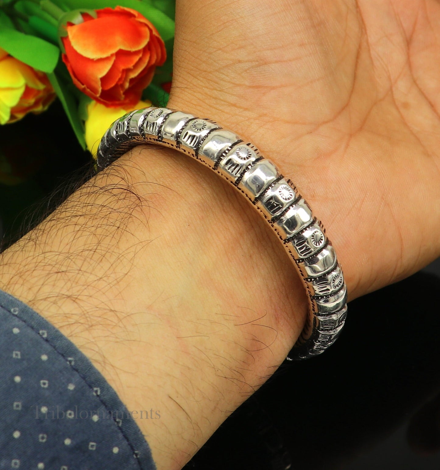 925 Sterling silver handmade chitai work idol Shiva trident trishul kada bangle bracelet, Rudraksha customized bahubali bangle nssk464 - TRIBAL ORNAMENTS