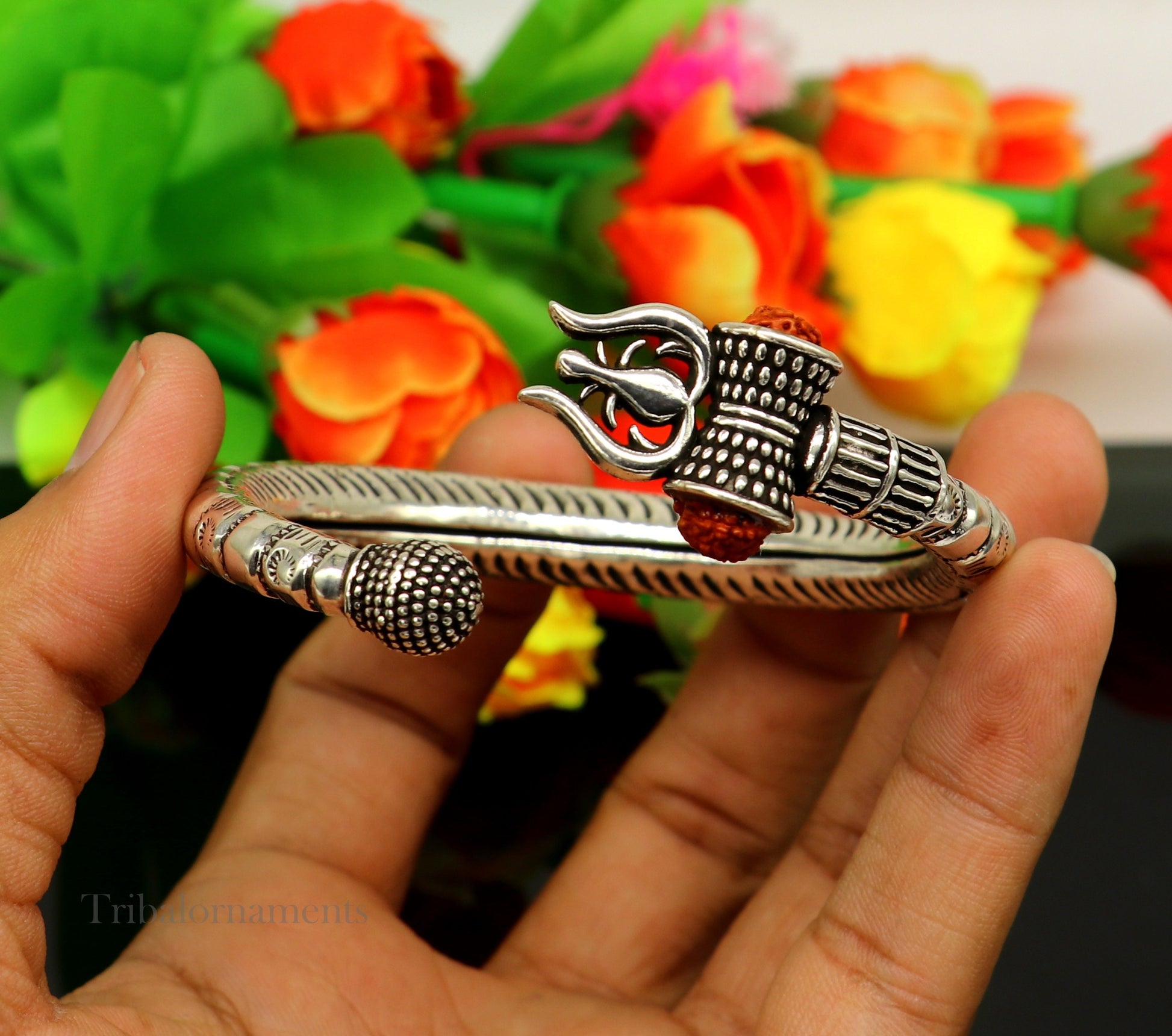 925 Sterling silver handmade chitai work idol Shiva trident trishul kada bangle bracelet, Rudraksha customized bahubali bangle nssk464 - TRIBAL ORNAMENTS