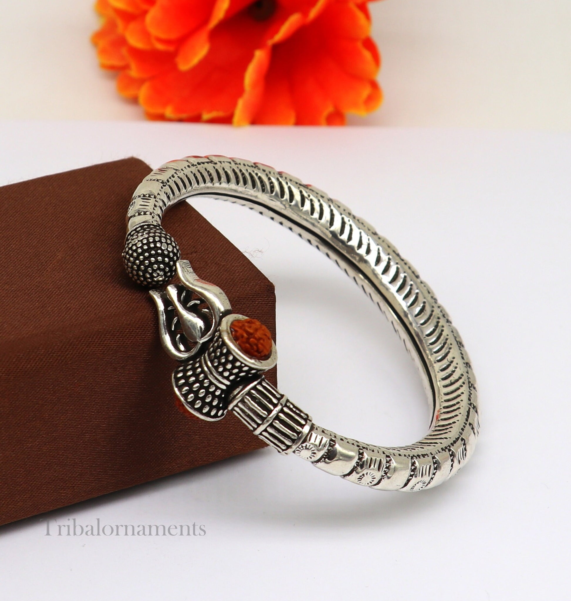 925 Sterling silver handmade chitai work idol Shiva trident trishul kada bangle bracelet, Rudraksha customized bahubali bangle nssk464 - TRIBAL ORNAMENTS