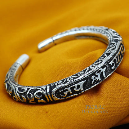 Handmade 925 sterling silver Lord Krishna mantra bracelet with chitai work, unisex tribal ethnic jewelry by TRIBAL ORNAMENTS.