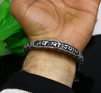 925 Sterling silver handmade Lord Krishna mantra bracelet with chitai work, unisex tribal ethnic jewelry featuring Jai Shree Shyam.