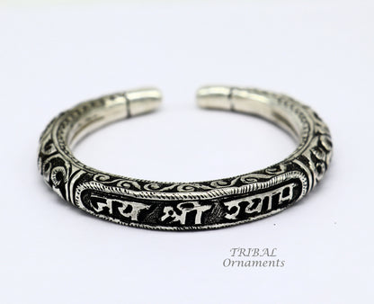 Sterling silver handmade Krishna mantra bracelet with tribal chitai work, unisex Lord Shree Shyam ethnic jewelry by Tribal Ornaments