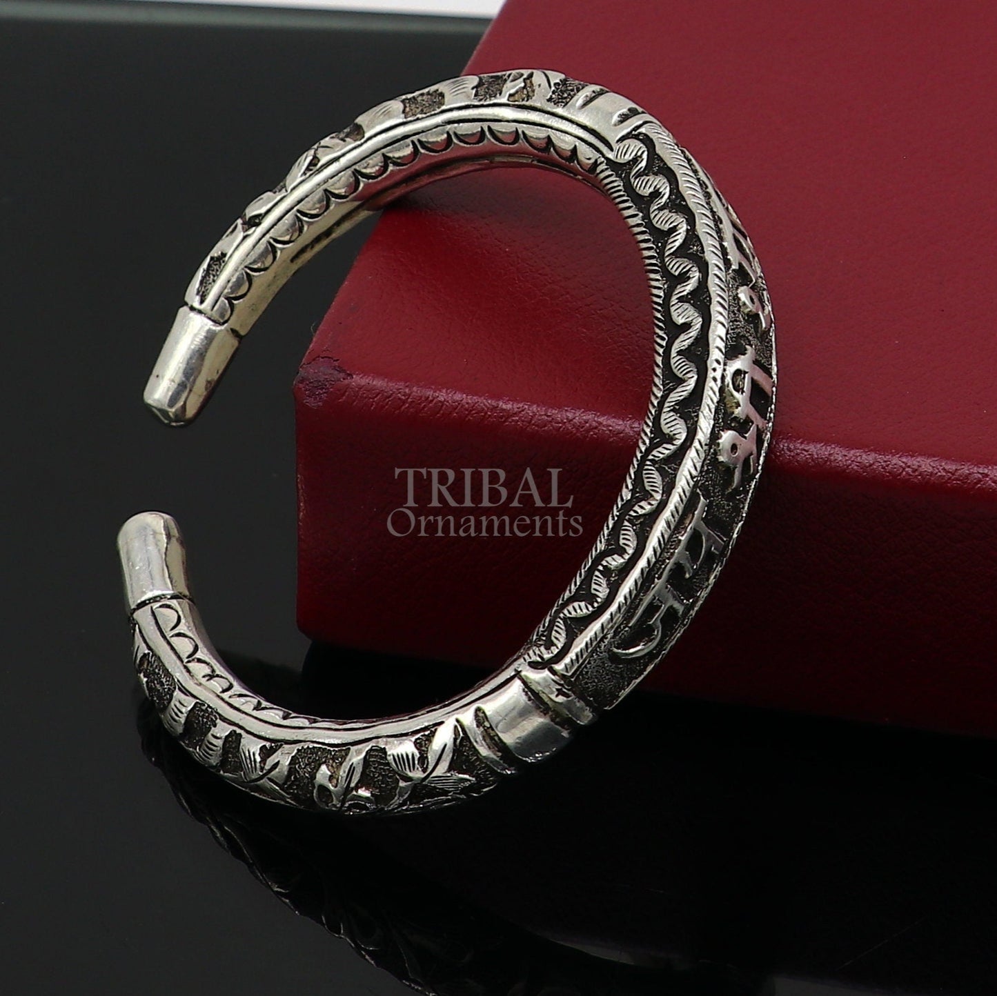 925 Sterling silver handmade chitai work "jai shree shyam" lord krishna mantra bracelet kada best divine unisex tribal ethnic jewelry nsk648 - TRIBAL ORNAMENTS