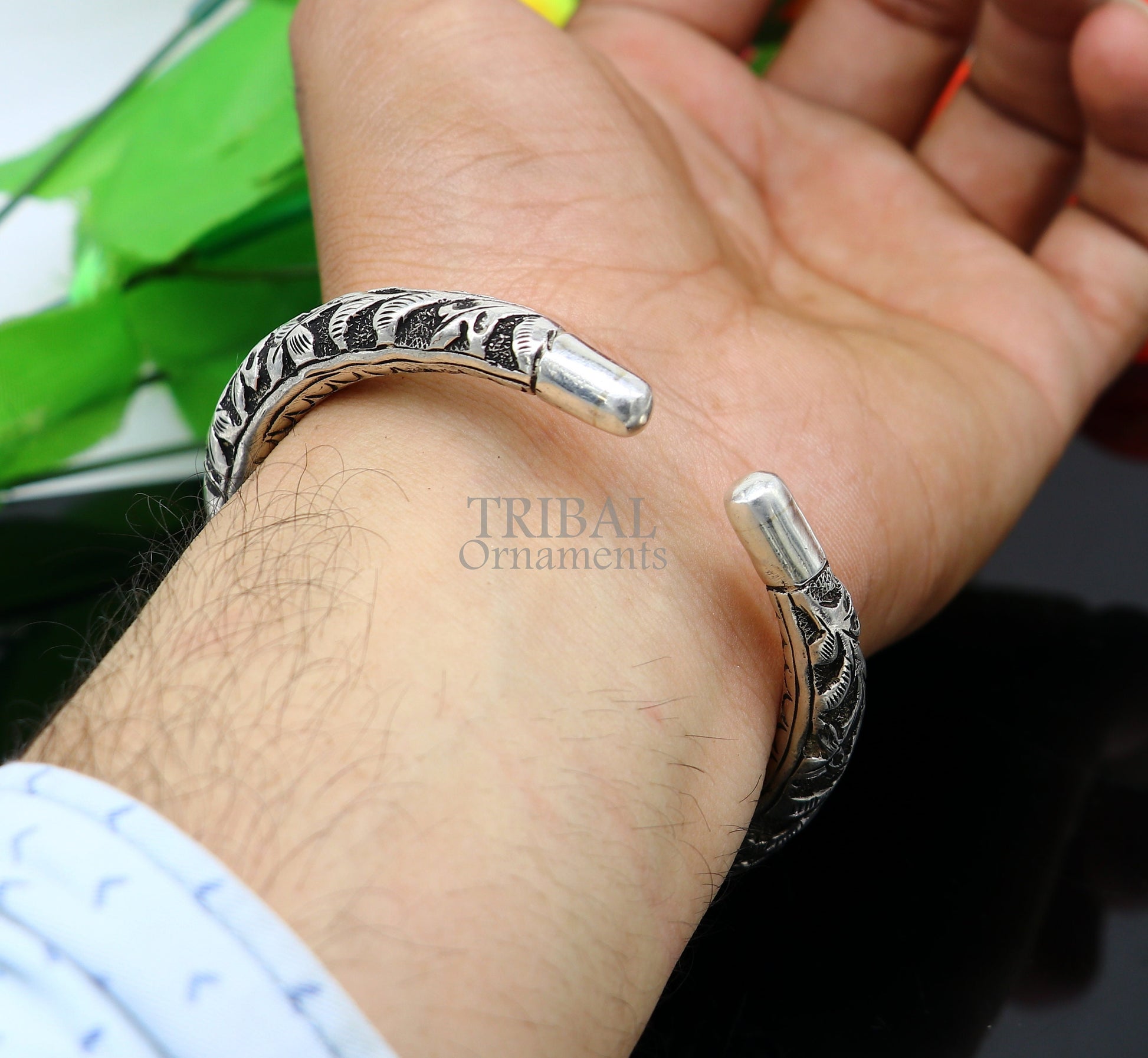 925 Sterling silver handmade chitai work "jai shree shyam" lord krishna mantra bracelet kada best divine unisex tribal ethnic jewelry nsk648 - TRIBAL ORNAMENTS