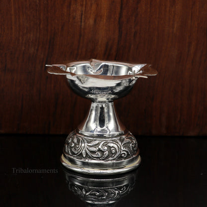 925 sterling silver handmade Chitai and Kandrai work oil lamp, decorative silver Deepak for puja and temple rituals.
