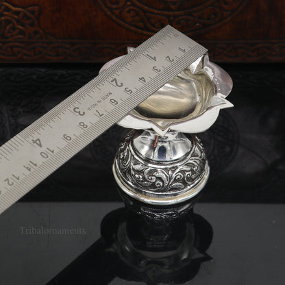 925 sterling silver handmade chitai and kandrai work oil lamp, traditional silver Deepak for puja and temple rituals.