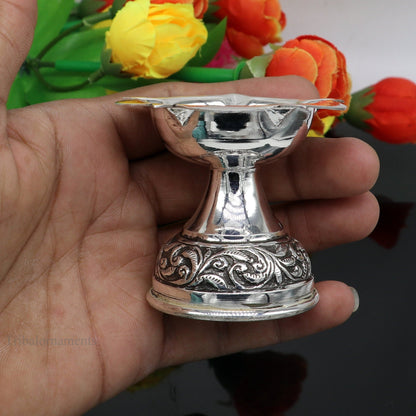 Handmade 925 sterling silver oil lamp with intricate chitai and kandrai work, traditional silver Deepak for puja and temple rituals.