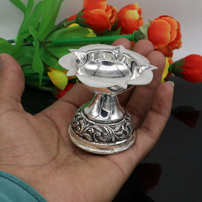 Sterling silver handmade Chitai and Kandrai work oil lamp, traditional silver Deepak for puja and temple rituals.