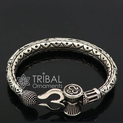Sterling silver handmade Lord Shiva trident trishul bangle bracelet with chitai work, unisex design, customized tribal ornament jewelry