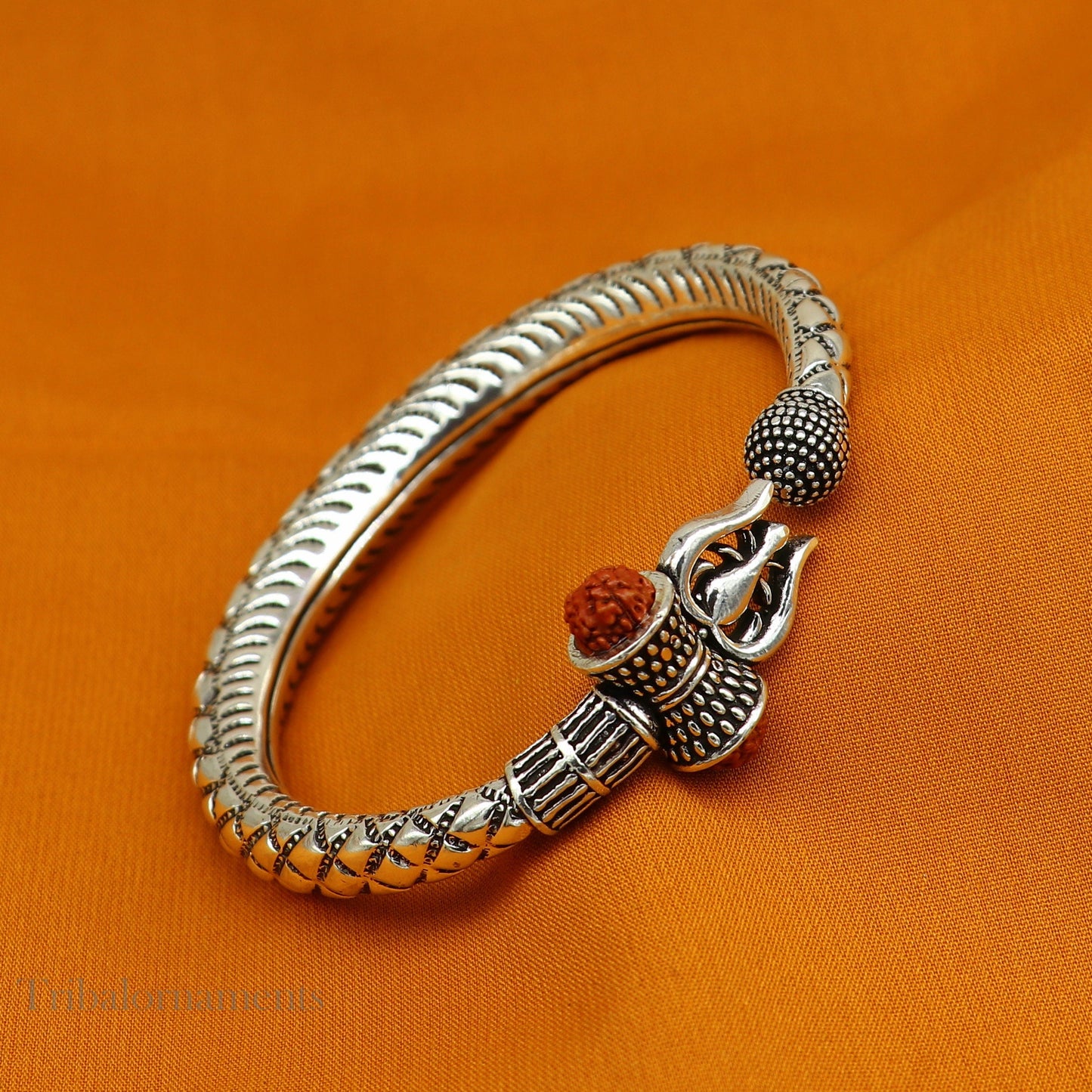 925 Sterling silver handmade chitai work Lord Shiva trident trishul kada bangle bracelet natural Rudraksha beads customized kada nsk380 - TRIBAL ORNAMENTS