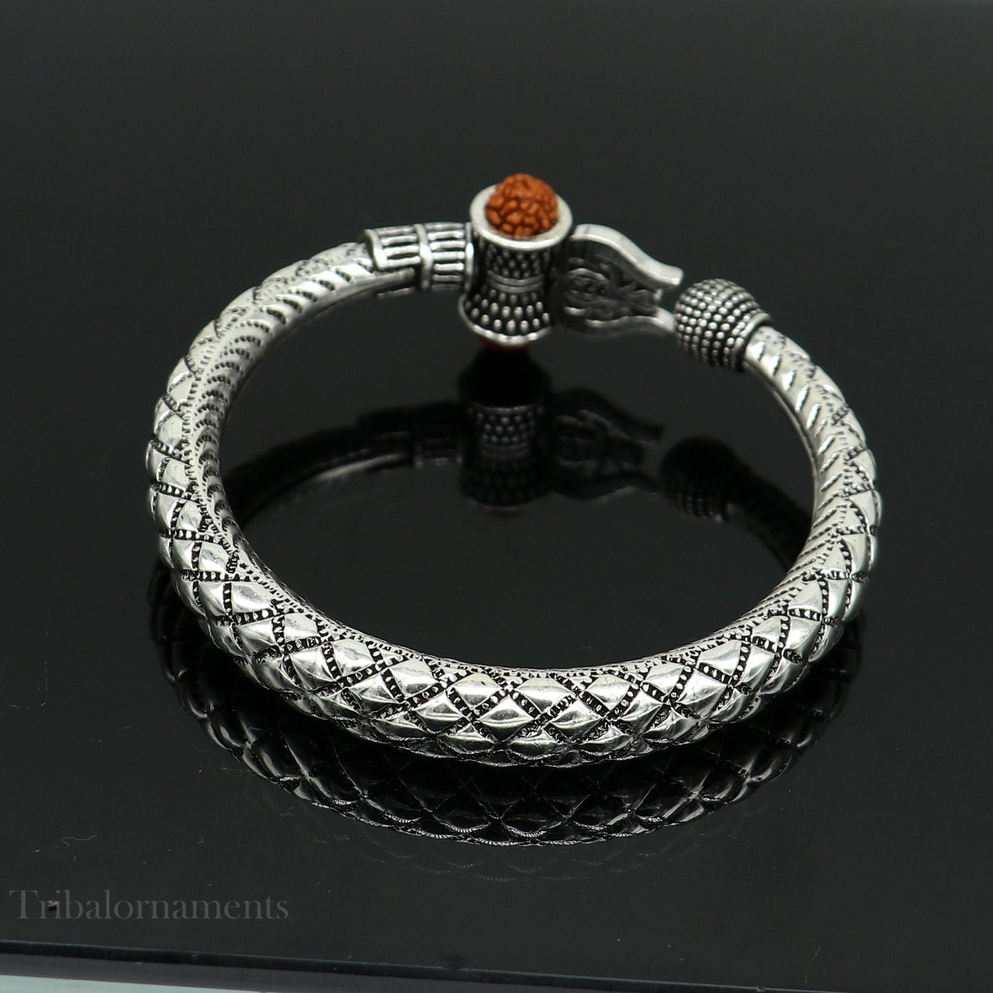 925 Sterling silver handmade chitai work Lord Shiva trident trishul kada bangle bracelet natural Rudraksha beads customized kada nsk380 - TRIBAL ORNAMENTS