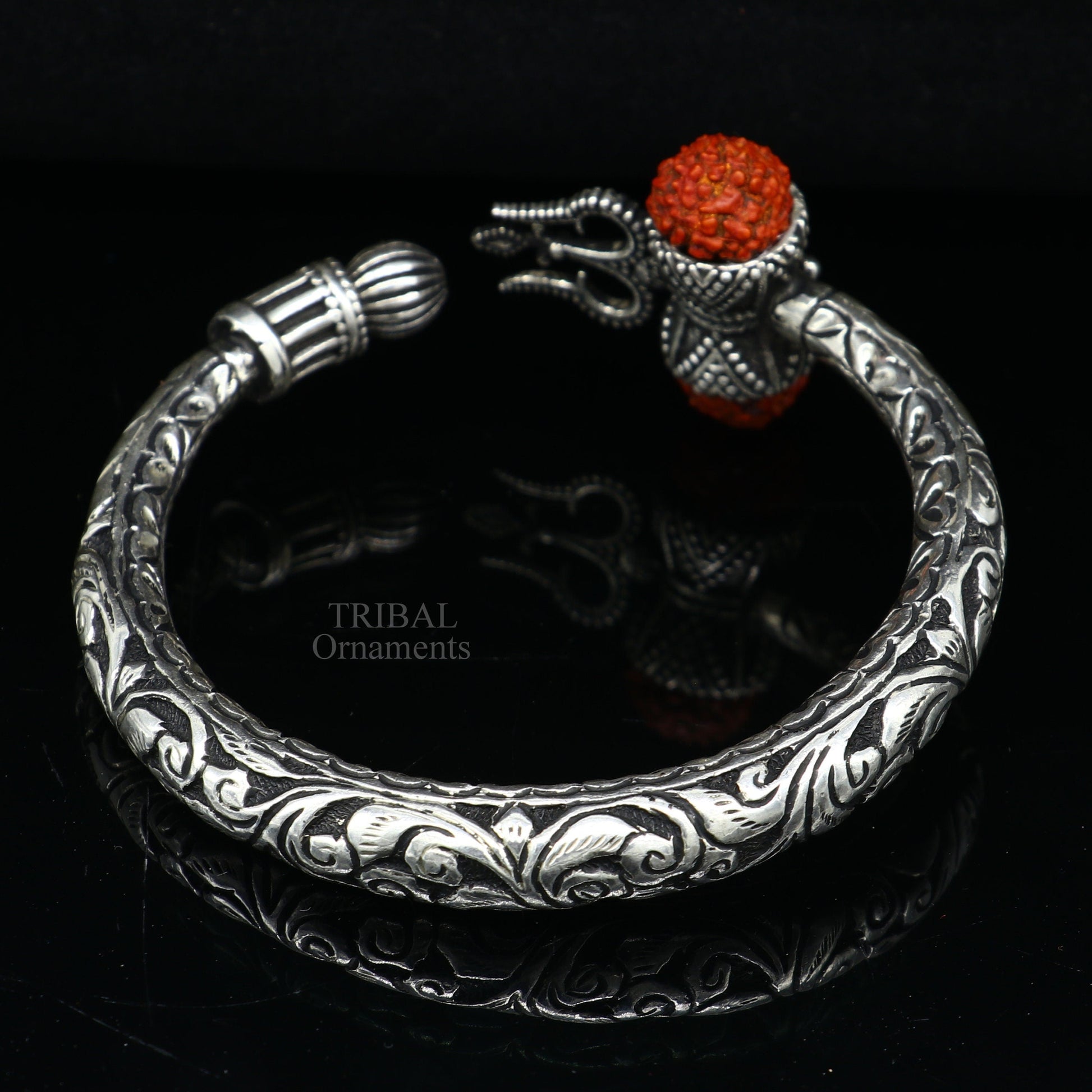 925 Sterling silver handmade chitai work Lord Shiva trident trishul kada bangle bracelet natural Rudraksha customized Bahubali kada nssk755 - TRIBAL ORNAMENTS