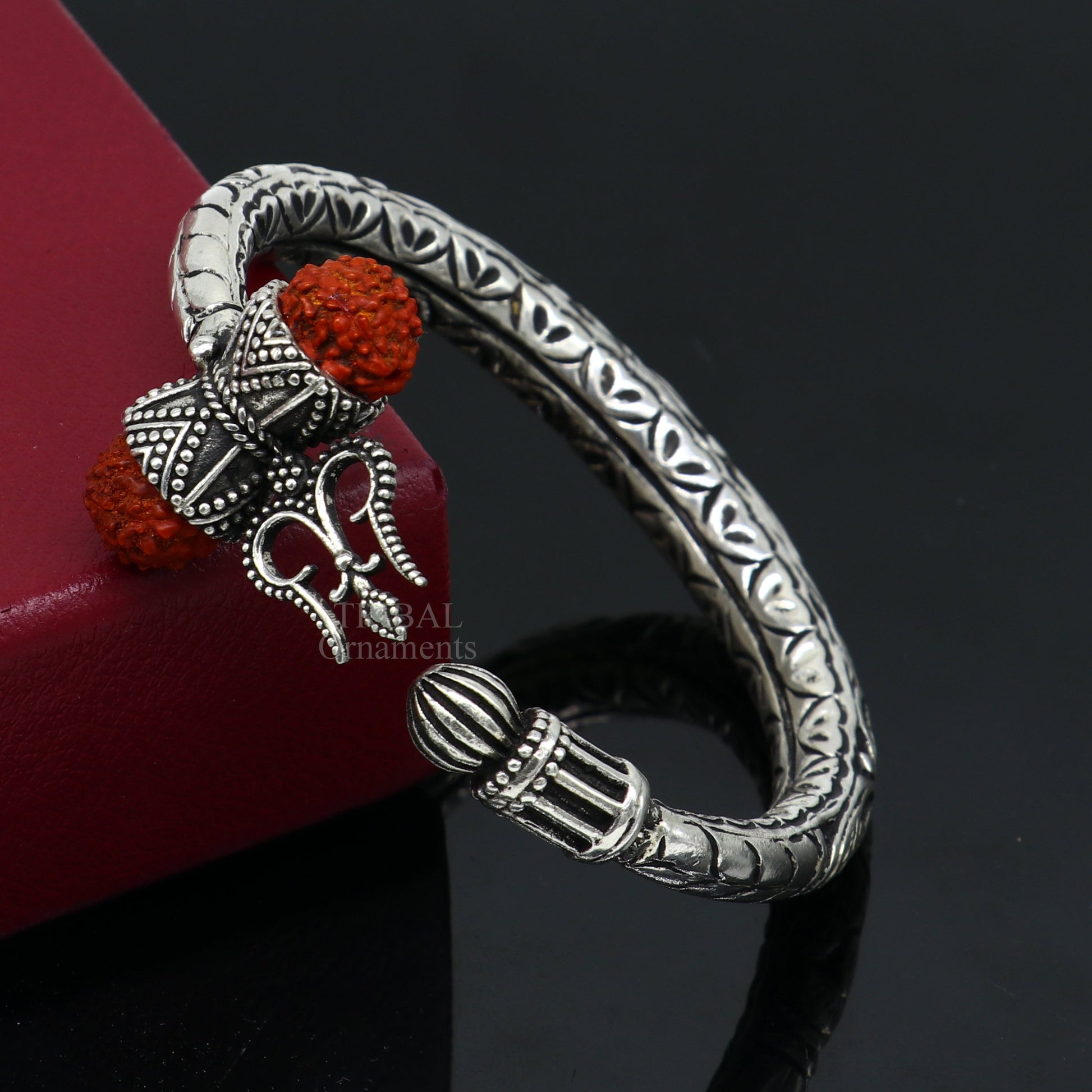 925 Sterling silver handmade chitai work Lord Shiva trident trishul kada bangle bracelet natural Rudraksha customized Bahubali kada nssk755 - TRIBAL ORNAMENTS